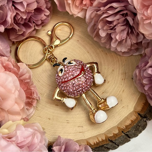 Whimsical Pink Crystal M&M Character Keychain Charm - Picture 9 of 16